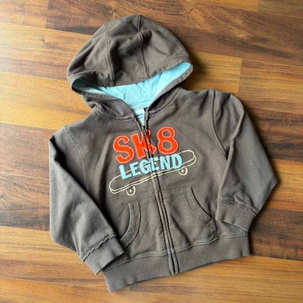 08 Gymboree Boys Brown SK8 Legend Skateboard Zip Up Hoodie Sweatshirt Size 2T-3T